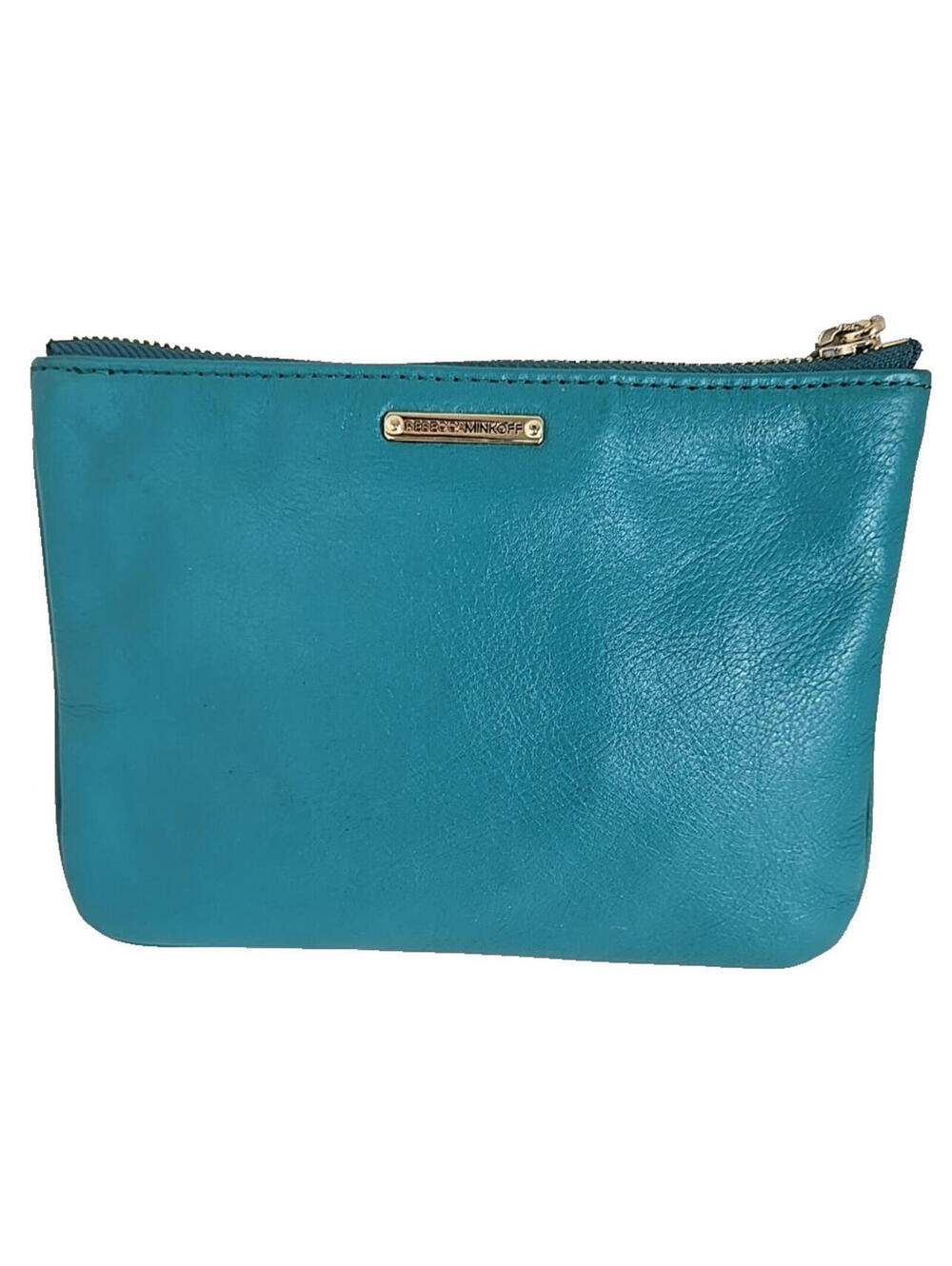 REBECCA MINKOFF Monogram Kerry Pouch Aqua Leather Waterproof Lining Zipper Top